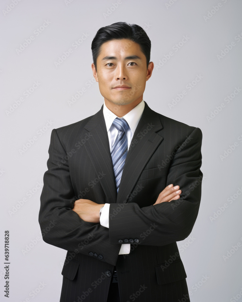 An Asian businessman with a determined expression standing in front of a stark white background to emphasize his ambition and determination to reach for the stars. An Asian businessman with a determined expression standing in front of a stark white background to emphasize his ambition and determination to reach for the stars.
