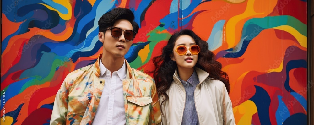 Fototapeta premium A Korean man and woman pose together in front of a vibrant painting that adorns the side of a building. Their outfits are fiercely fashionable spurting with bright designs and combinations