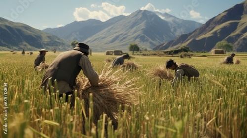 A family of Tibetan farmers cultivating a field of barley diligently caring for the land and reaping the healthgiving benefits of a simple life. photo