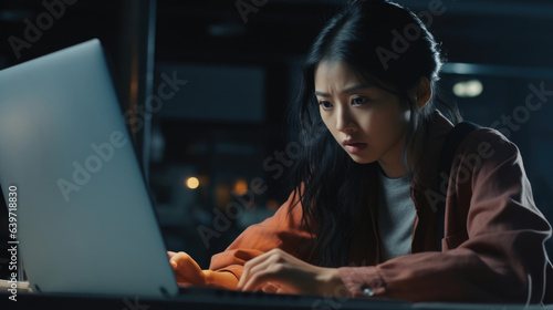 A determined Asian woman works away at her computer a flurry of motion and intense concentration. She works with incredible focus each keystroke serving as a testament to her determination