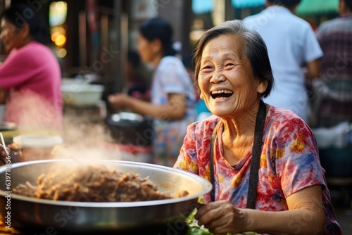 An Asian woman sits across from a street vendor savoring the smell and taste of her freshly cooked food. She is relaxed at peace in the moment and her eyes glow with happiness. © Justlight