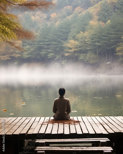 A slender Korean woman in a tranquil state meditates on a wooden dock beside a tranquil lake. Her mind drifts away in the silence the only sound the gentle lapping of water against