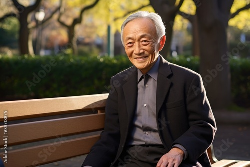 An elderly Japanese man wearing a black suit sits on a park bench a smile creasing his face as he looks out onto a sunny morning.