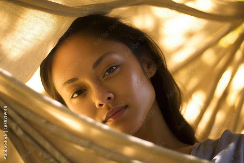 An Asian woman lounges in a hammock under a dense canopy of trees. Rays