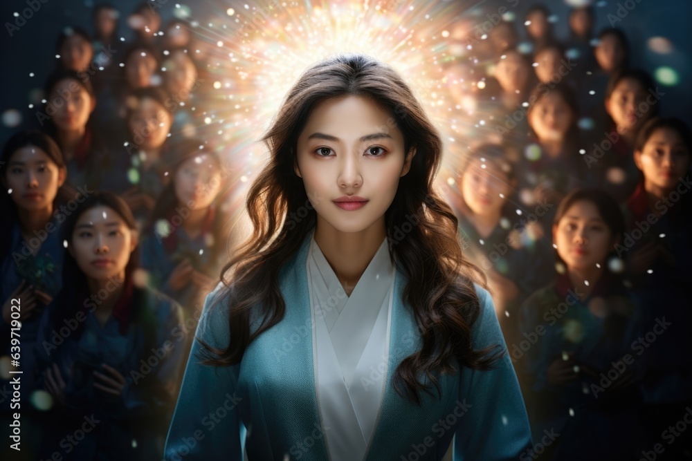 A woman of Korean descent standing defiantly with her arms crossed surrounded by a shining halo of diverse Asian faces expressing the power of their unified culture.
