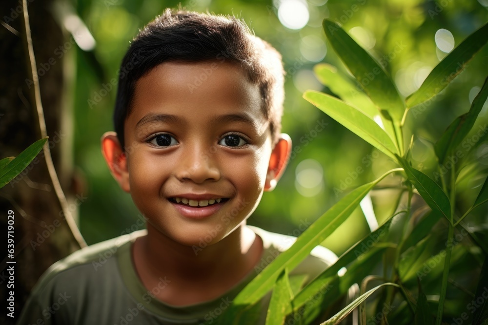 A young Asian boy stands in the middle of a lush jungle. His bright eyes shine against the backdrop of green and he grins with joy as he takes in his natural surroundings. A young Asian boy stands in the middle of a lush jungle. His bright eyes shine against the backdrop of green and he grins with joy as he takes in his natural surroundings.