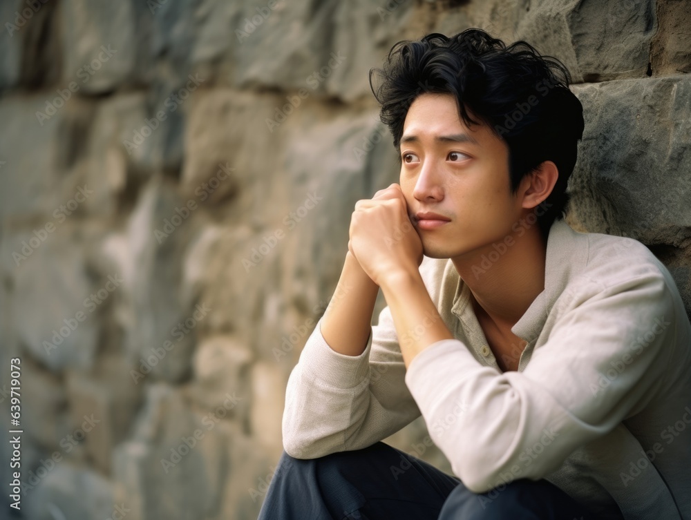 A young Asian man sits with a thoughtful expression perched atop an old rock wall. His dark pulledback hair frames his face and his slender hands rest on his knees. His full lips turn A young Asian man sits with a thoughtful expression perched atop an old rock wall. His dark pulledback hair frames his face and his slender hands rest on his knees. His full lips turn