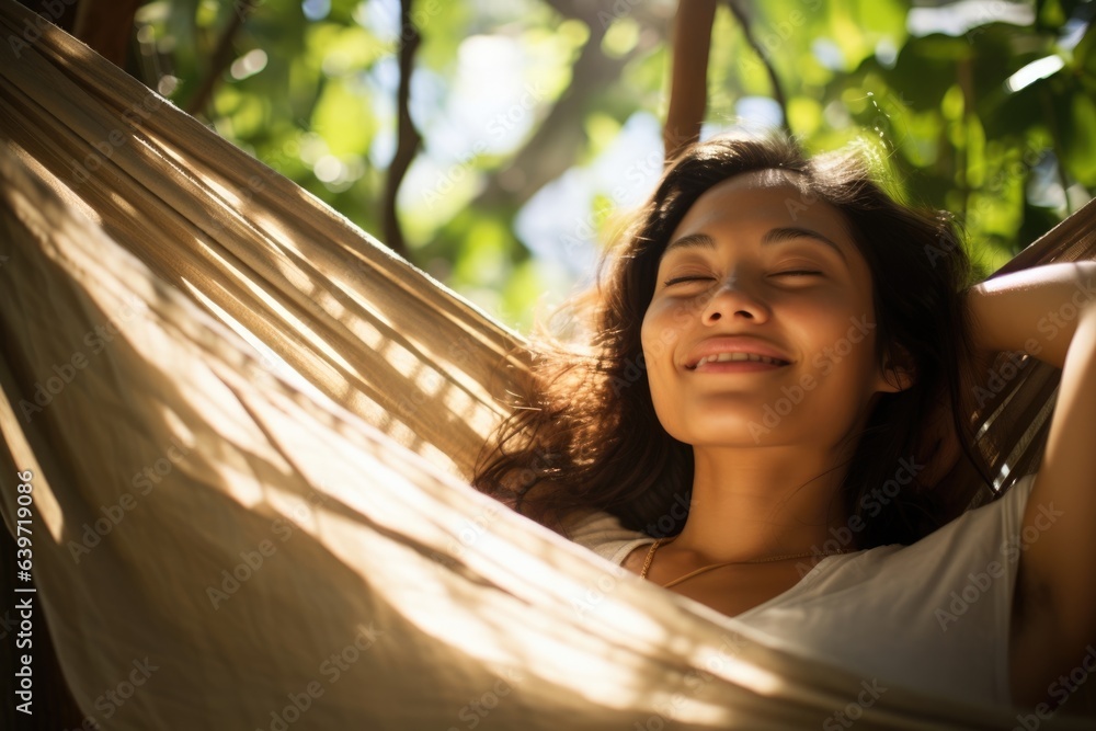 An Asian woman lounges in a hammock under a dense canopy of trees. Rays