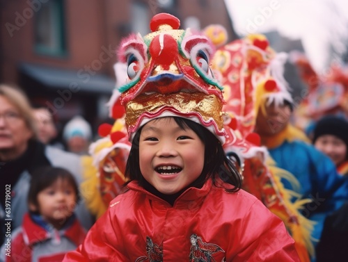 A Chinese New Year parade bustles ahead a small Asian girl standing on her fathers shoulders to keep up with the crowd while a large mask of a dragon dances around her head held in