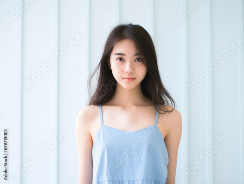 In a white room a Japanese girl in a simple blue summer dress poses with her hands in her pockets a minimalistic portrait of a carefree youth.