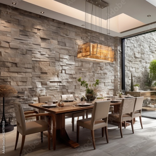 Stone panel wall in interior design of modern dining room