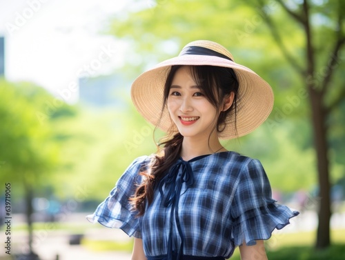 A smiling Chinese woman stands in a sundrenched park her back to the camera. She looks content with her hands crossing behind her in a gesture of comfort and leisure. Her long black