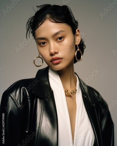 A Chinese woman looks graceful and statuesque in headtotoe white. She has a modern twist to her outfit with a leather jacket and platform high heels. Her sleek black bob is held back photo