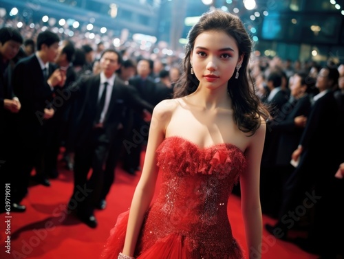 A Chinese teen confidently struts down the red carpet as onlookers admire her fashionable style.