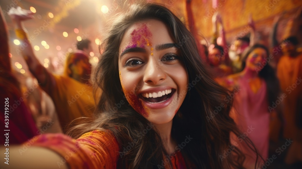 A beautiful Indian girl takes a festive selfie her eyes ling with delight. Her smooth caramel skin is lit up cheerful colors painted on her .