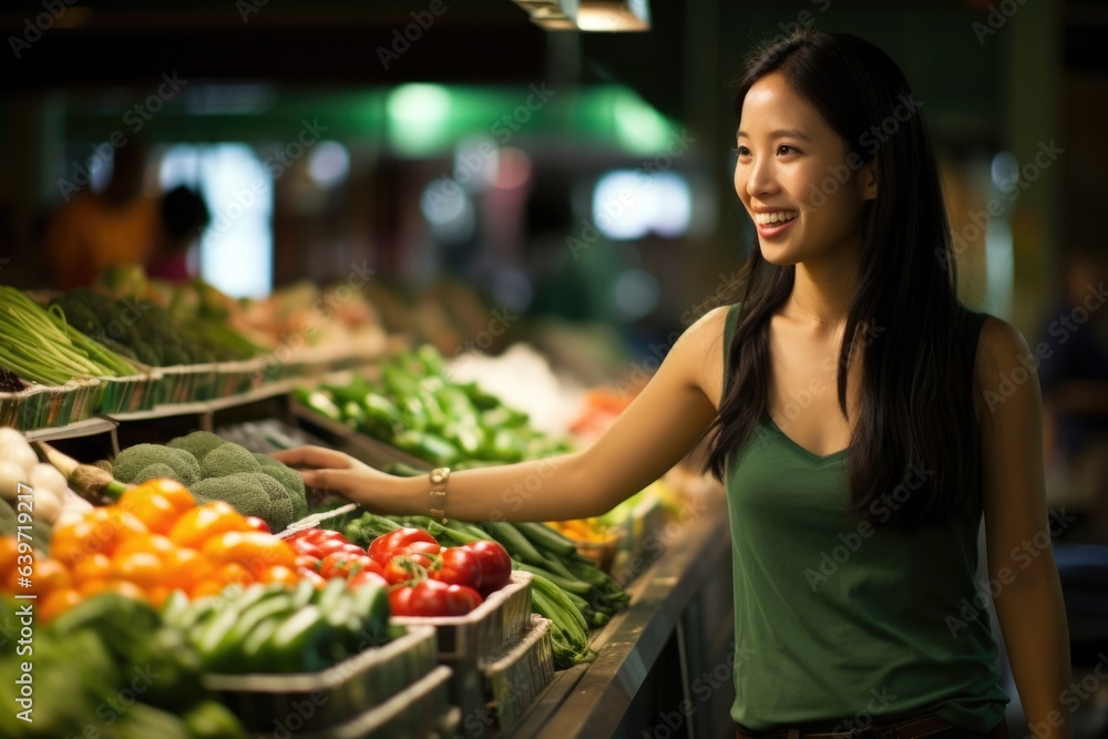 Obraz premium An Asian woman peruses a farmers market with a peaceful smile admiring the abundance of colors and aromas. She pays with cash and a friendly exchange of pleasantries carrying away