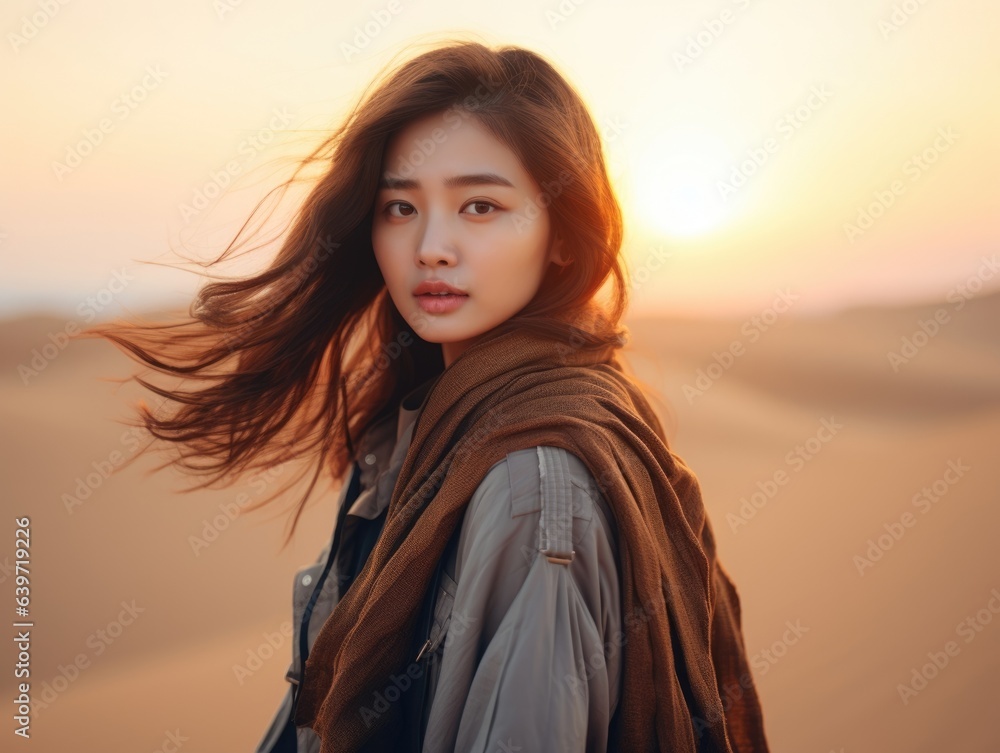 Fototapeta premium An adventurous Chinese girl stands atop a sand dune the sun setting in the background. her eyes scanning the horizon with a look of exploration.