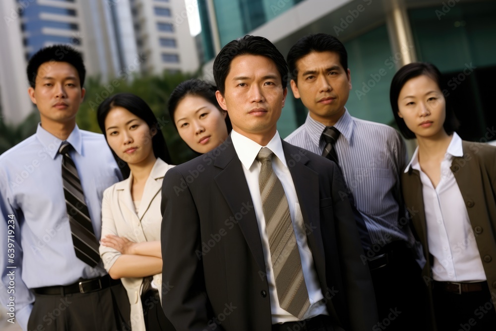 A stark modern office building housing a team of Asian entrepreneurs working together to create a seamless business process. The casual yet professional attire combined with the stoic A stark modern office building housing a team of Asian entrepreneurs working together to create a seamless business process. The casual yet professional attire combined with the stoic