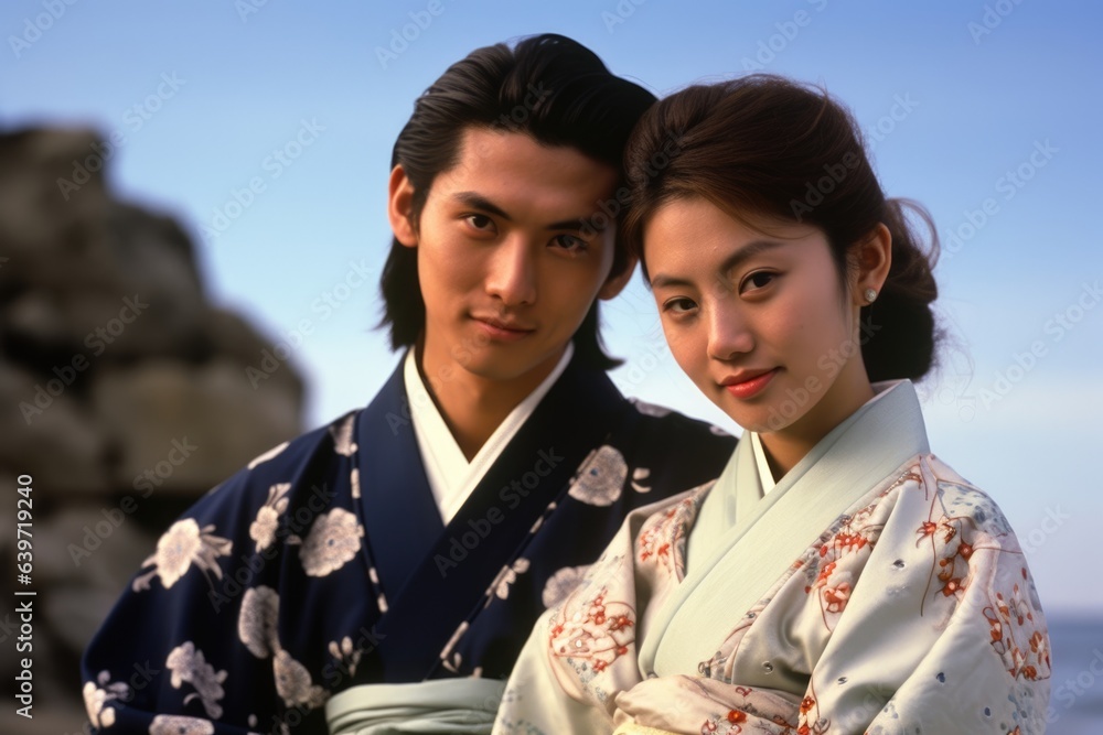 A Japanese couple both dressed in traditional kimonos stands sidebyside on a rocky shoreline. The man has his arm dd protectively around the woman s waist A Japanese couple both dressed in traditional kimonos stands sidebyside on a rocky shoreline. The man has his arm dd protectively around the woman s waist