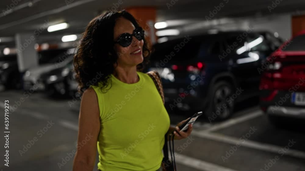 Middle age hispanic woman using smartphone smiling wearing sunglasses parking Middle age hispanic woman using smartphone smiling wearing sunglasses parking