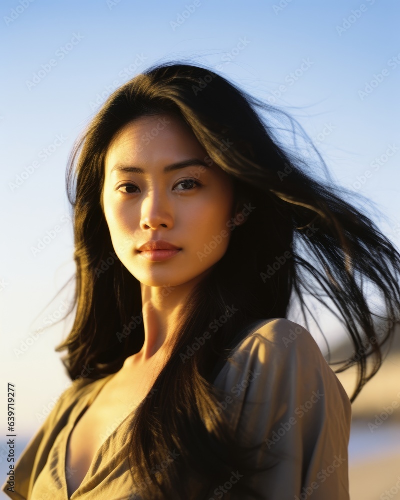 An Asian woman wearing a light yellow s stands alone at the edge of a sundrenched beach her jetblack hair cascading down her narrow shoulders. The rays of the sun highlight her subtle