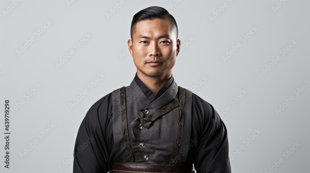 A strong and assertive Asian man stands against a white wall his arms crossed defiantly yet his warm brown eyes reflecting a deep and inviting sentimentality. His confident expression A strong and assertive Asian man stands against a white wall his arms crossed defiantly yet his warm brown eyes reflecting a deep and inviting sentimentality. His confident expression