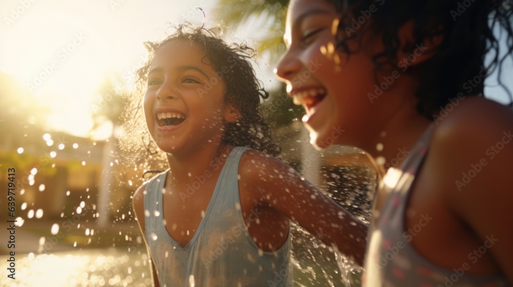 Two Indian adult siblings laugh together as they splash around in a fountain on a hot day. They are dressed in bright colors and the sun reflects off the blue of the water as they Two Indian adult siblings laugh together as they splash around in a fountain on a hot day. They are dressed in bright colors and the sun reflects off the blue of the water as they