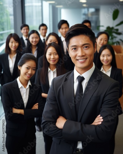 A diverse group of young Asian professionals gather within a modern office each person dressed in formal corporate attire standing ready to work together as a team.