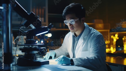 An Asian man stands proudly alongside a large microscope in a laboratory. The soft yellow light from the computer screen reflecting in his glasses as he looks intently at the procedure