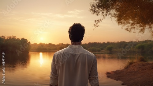 An Indian man in a crisp white shirt and dark jeans capturing the warmth of the evening sun as he stands looking out onto a lake. His peaceful expression reflects his wellbeing as