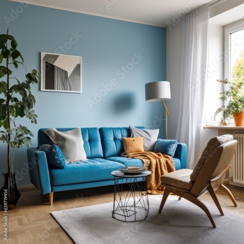 Studio apartment with blue sofa and chairs. Interior design of modern living room © Interior Design