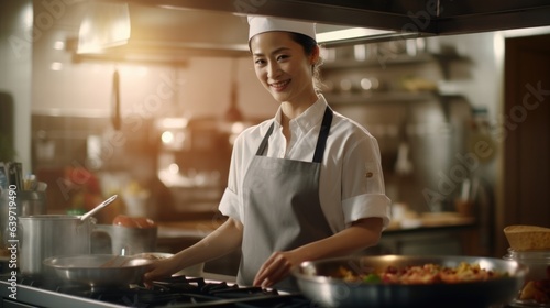 An Asian woman in a chefs hat stands proudly at the helm of a busy kitchen her hands expertly moving around ingredients as she creates a delicious dish. Her expression is focused and