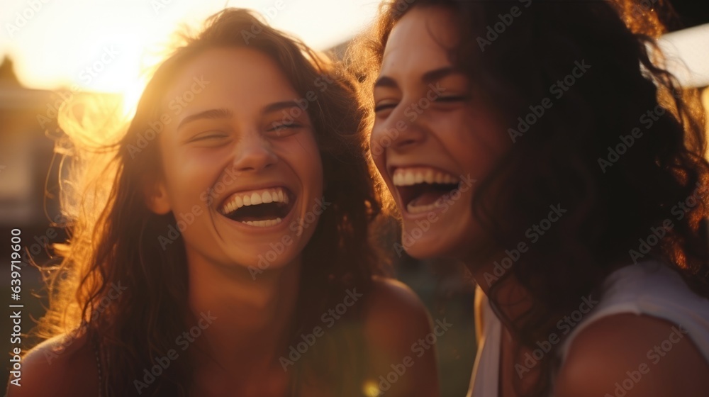 Two best friends link arms as they laugh in excitement the afternoon sunlight glinting off of their dark hair and eyes.