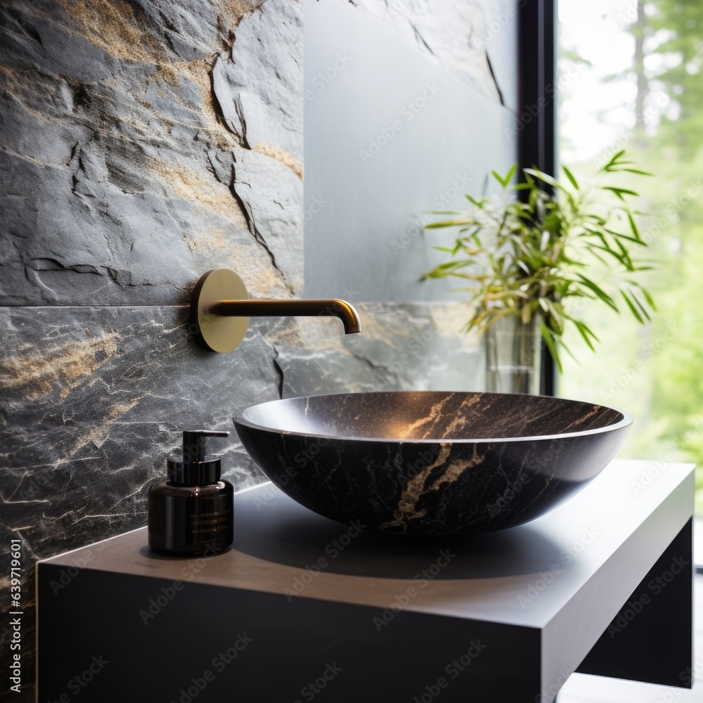 Stylish black marble round vessel sink and wall mounted faucet on stone wall. Interior design of modern bathroom Stylish black marble round vessel sink and wall mounted faucet on stone wall. Interior design of modern bathroom
