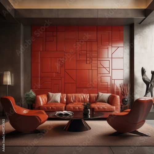 Terra cotta leather sofa and dark red armchairs near 3d panel wall. Interior design of modern living room