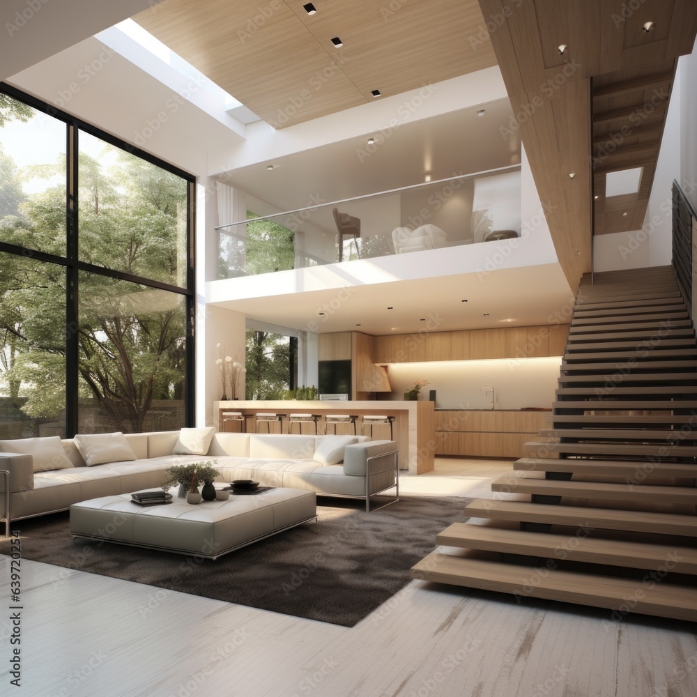 Two story minimalist interior design of modern house. Stock ...
