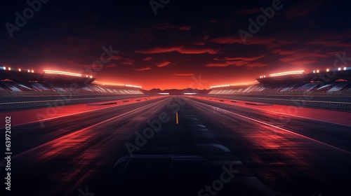 Photo of an empty race track illuminated by the night sky