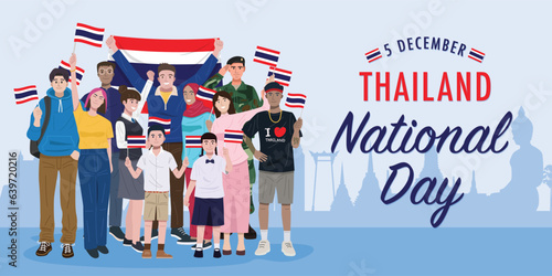 National Day, Thai people celebrating and holding small flags with landmarks silhouette background. Vector