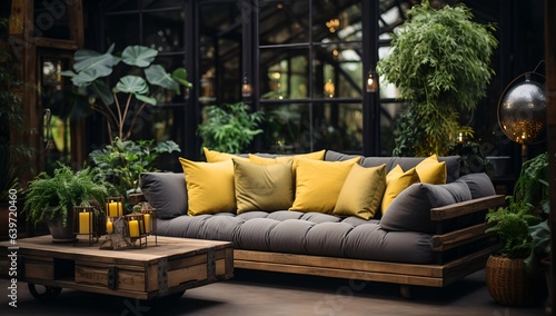 A yellow sofa in a dark room, generative ai © progressman