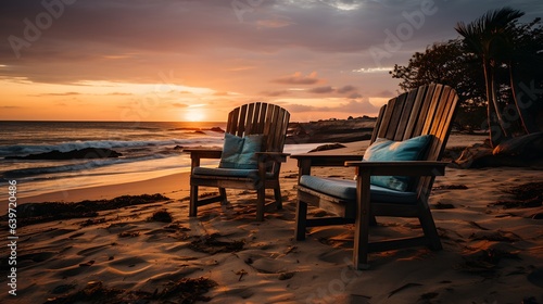 Chairs on the beach during sunset, generative ai © progressman