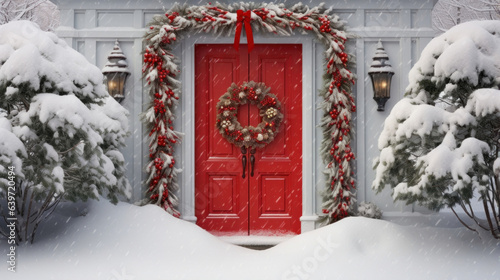 A painted red door adorned with festive holiday wreath standing against a backdrop of snowcovered bushes. photo