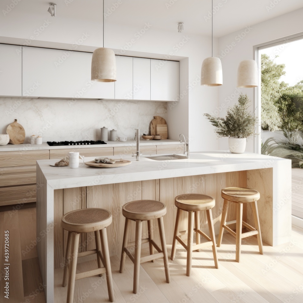 White scandinavian interior design of kitchen with marble island and wooden stools White scandinavian interior design of kitchen with marble island and wooden stools