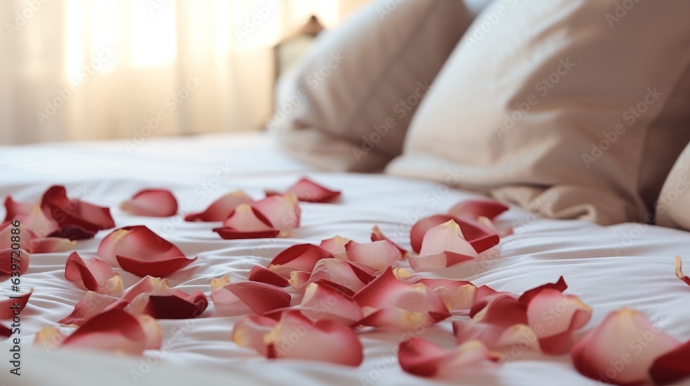 Photo of a romantic hotel room with rose petals scattered on the bed