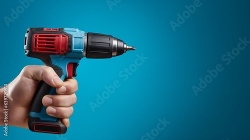 Photo of a hand holding a drill against a vibrant blue background