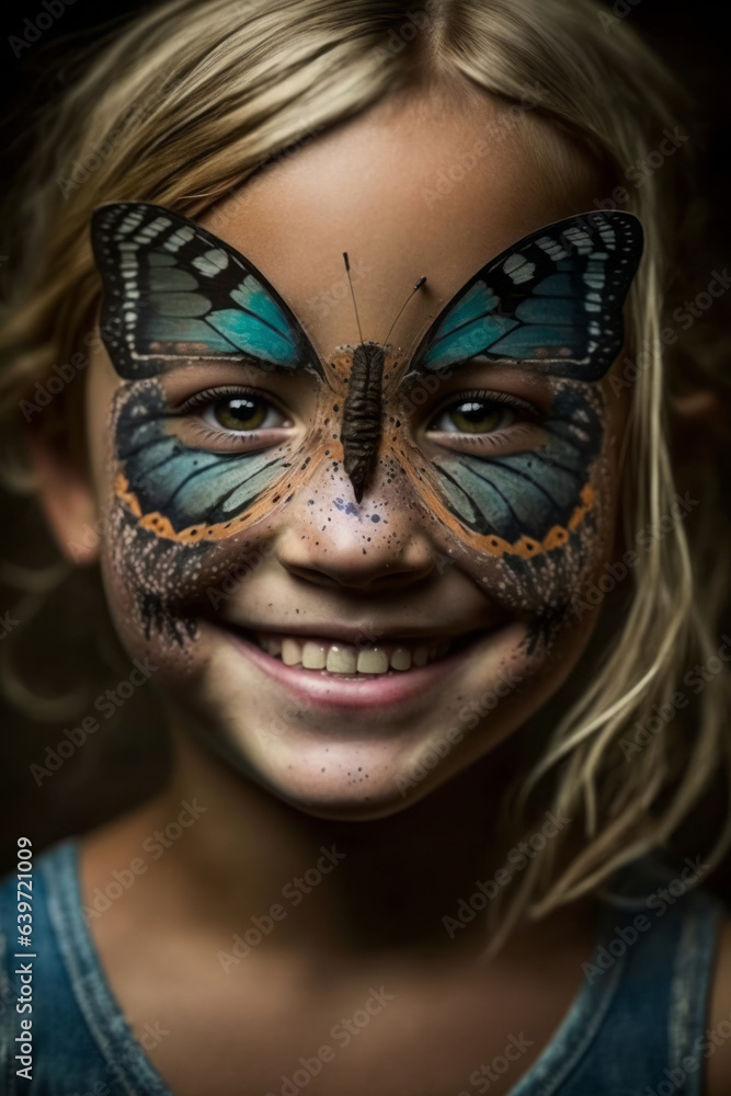 Young girl smiling with a butterfly face paint, generative AI Young girl smiling with a butterfly face paint, generative AI