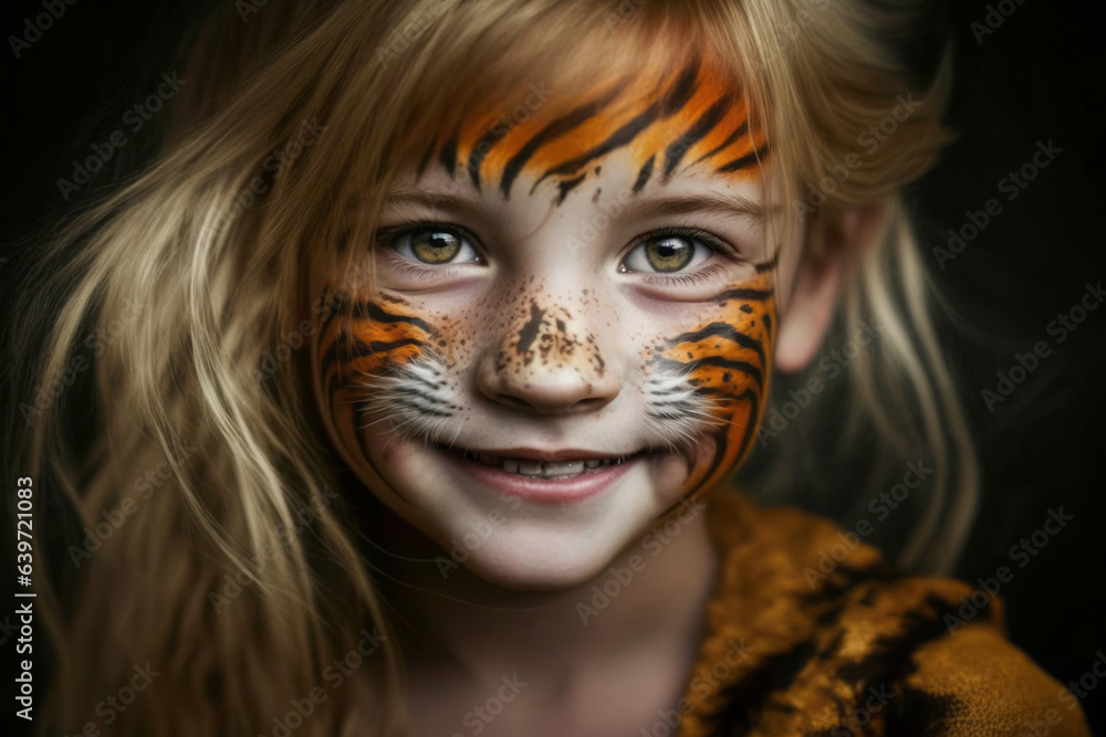 Young girl smiling with a tiger face paint, generative AI Young girl smiling with a tiger face paint, generative AI