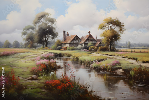 landscape with a house and a pond