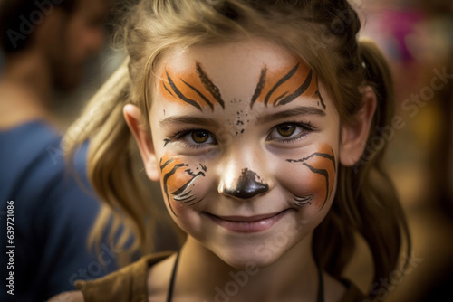 Young girl smiling with a tiger face paint, generative AI