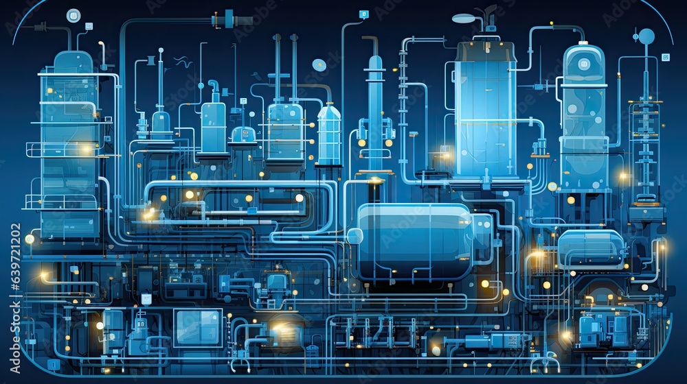 Fototapeta premium AI-generated illustration of a stylized complex refinery system, at night. MidJourney.