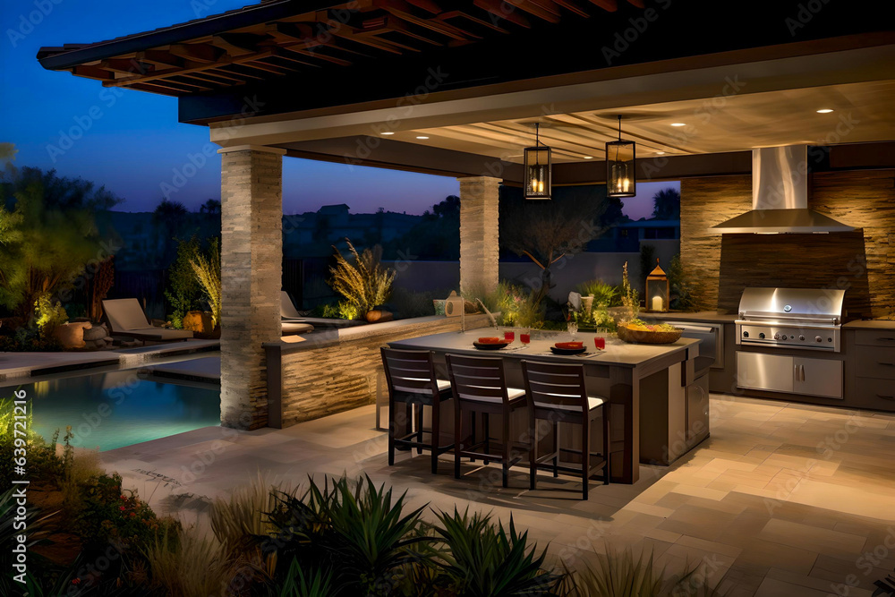 Fototapeta premium custom outdoor kitchen & living area design of high-end luxury style custom homes